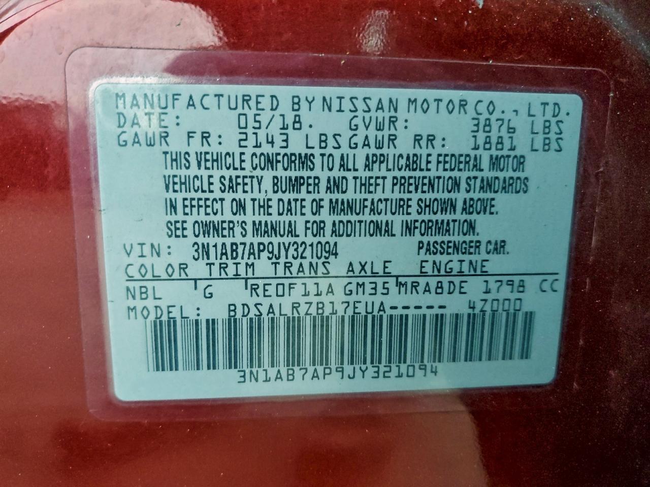 2018 Nissan Sentra S VIN: 3N1AB7AP9JY321094 Lot: 96812135