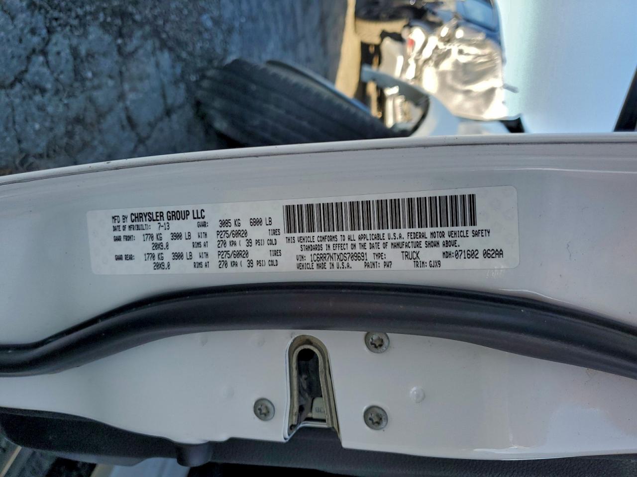 2013 Ram 1500 Laramie VIN: 1C6RR7NTXDS709691 Lot: 95484465