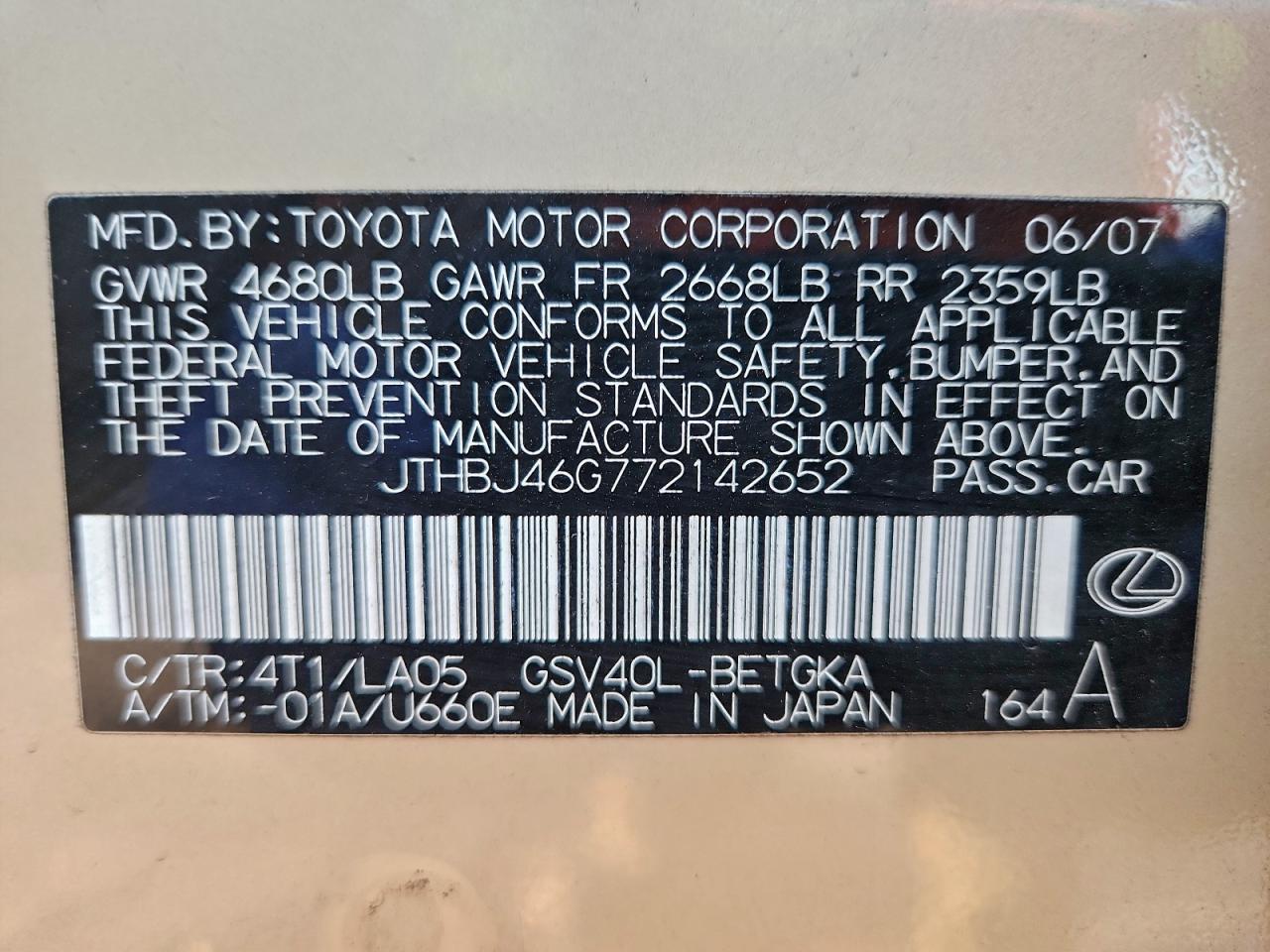 2007 Lexus Es 350 VIN: JTHBJ46G772142652 Lot: 96725885