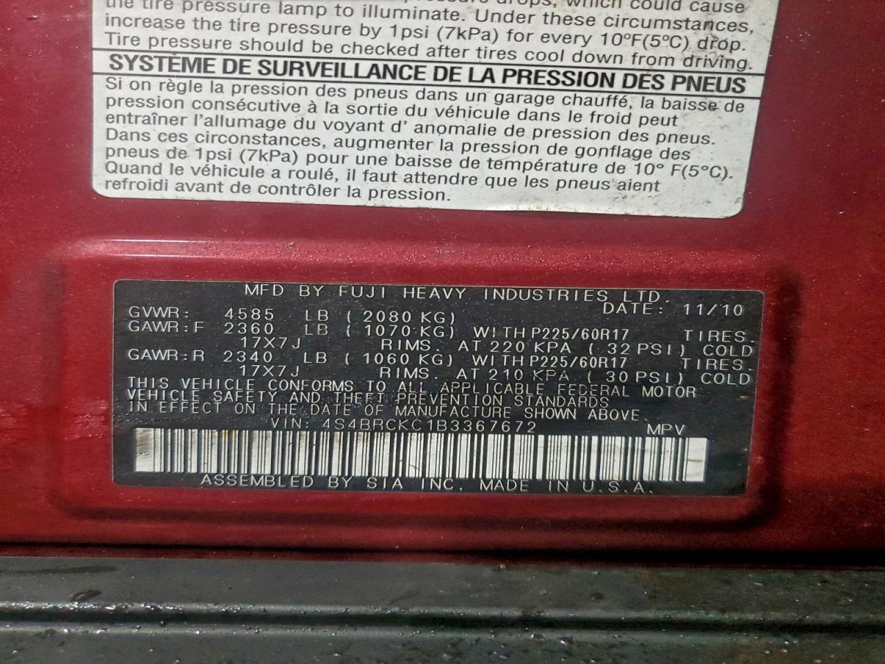 2011 Subaru Outback 2.5I Limited VIN: 4S4BRCKC1B3367672 Lot: 95793295