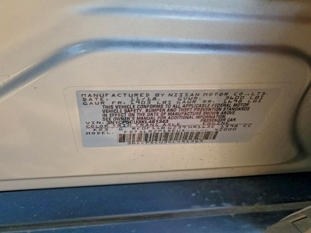 2019 Nissan Kicks S VIN: 3N1CP5CU3KL481343 Lot: 93991775