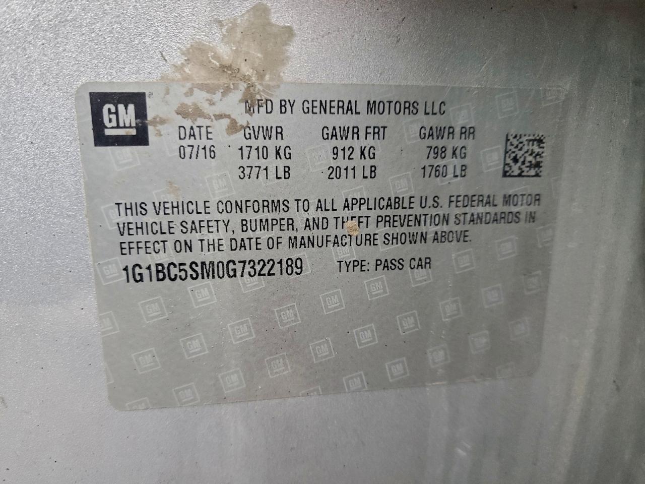 2016 Chevrolet Cruze Ls VIN: 1G1BC5SM0G7322189 Lot: 95506765