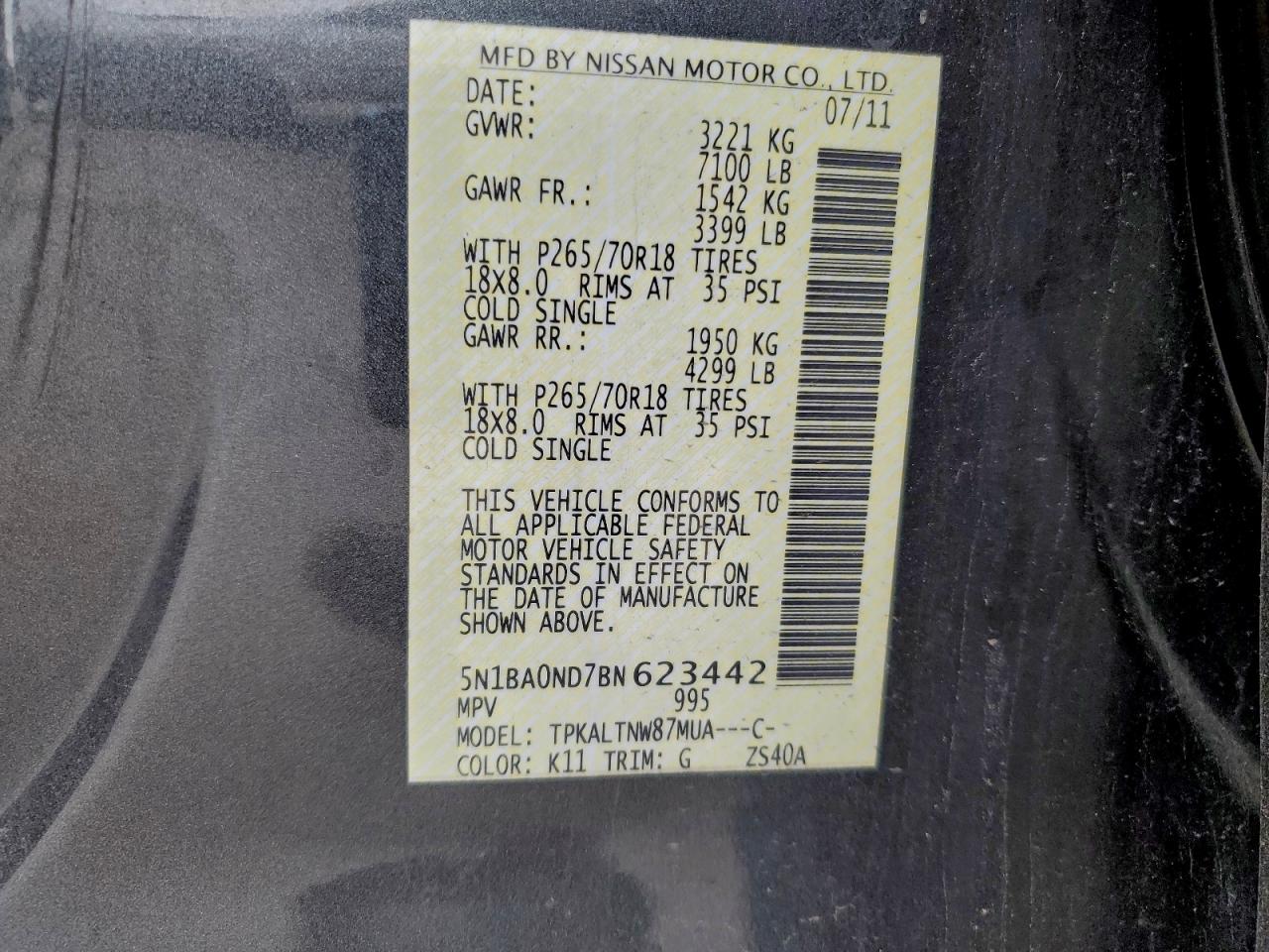 2011 Nissan Armada Sv VIN: 5N1BA0ND7BN623442 Lot: 95465695