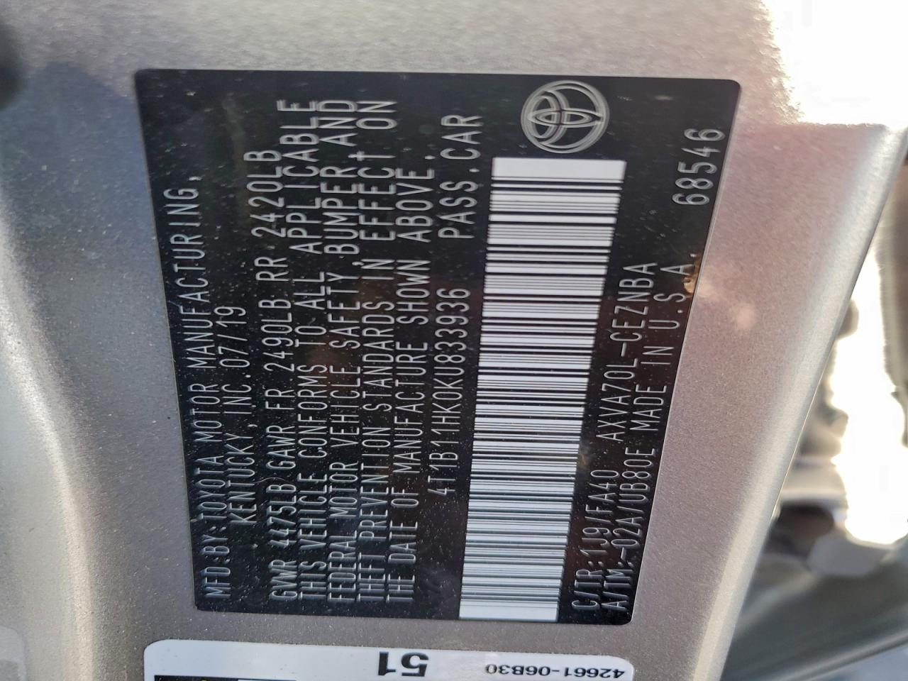 2019 Toyota Camry L VIN: 4T1B11HK0KU833936 Lot: 94876215