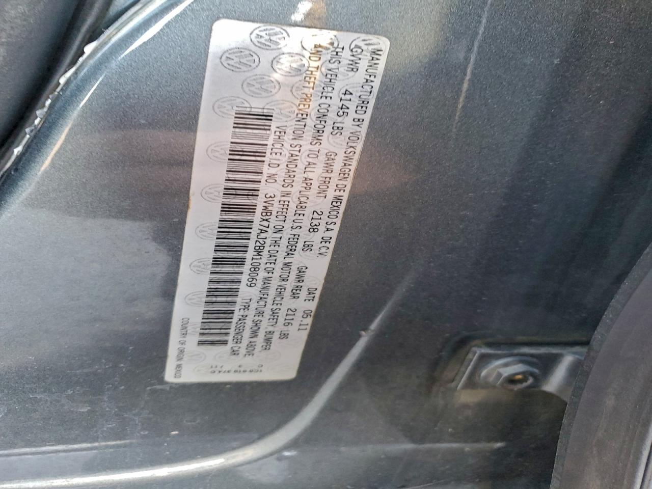 2011 Volkswagen Jetta Se VIN: 3VWBX7AJ2BM108069 Lot: 95081165