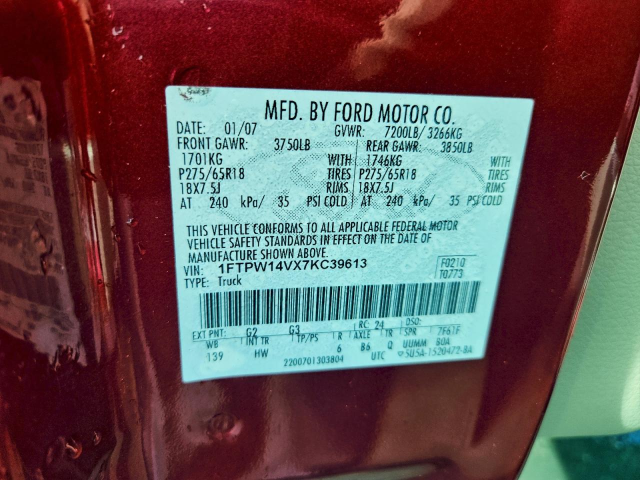 2007 Ford F150 Supercrew VIN: 1FTPW14VX7KC39613 Lot: 95266045