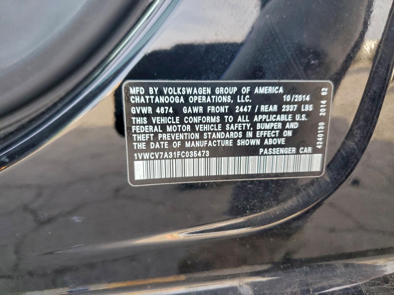 2015 Volkswagen Passat Sel VIN: 1VWCV7A31FC035473 Lot: 95334655