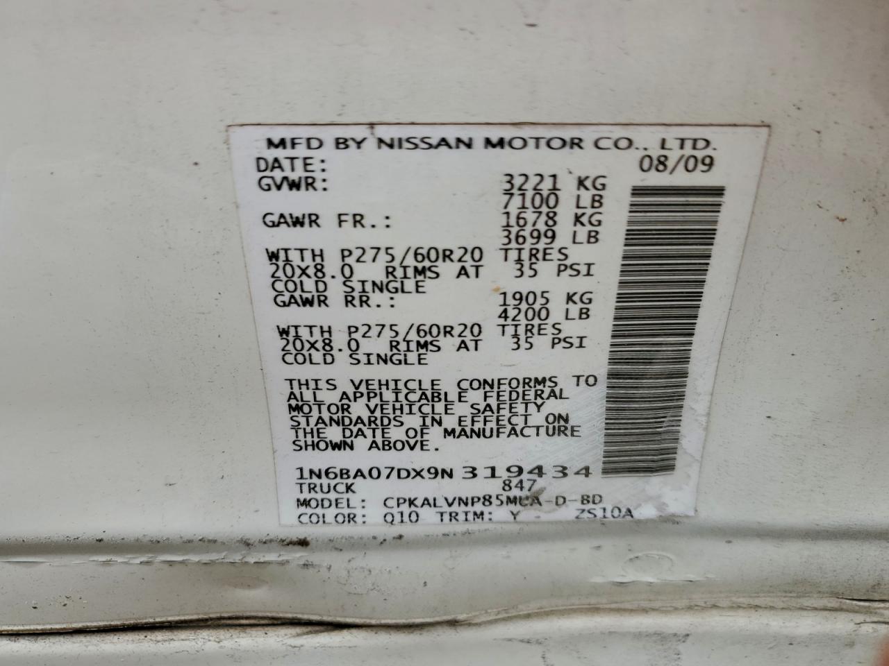 2009 Nissan Titan Xe VIN: 1N6BA07DX9N319434 Lot: 94786045