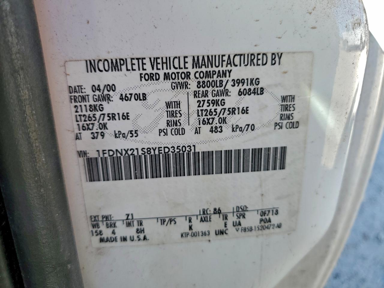 2000 Ford F250 Super Duty VIN: 1FDNX21S8YED35031 Lot: 96023295