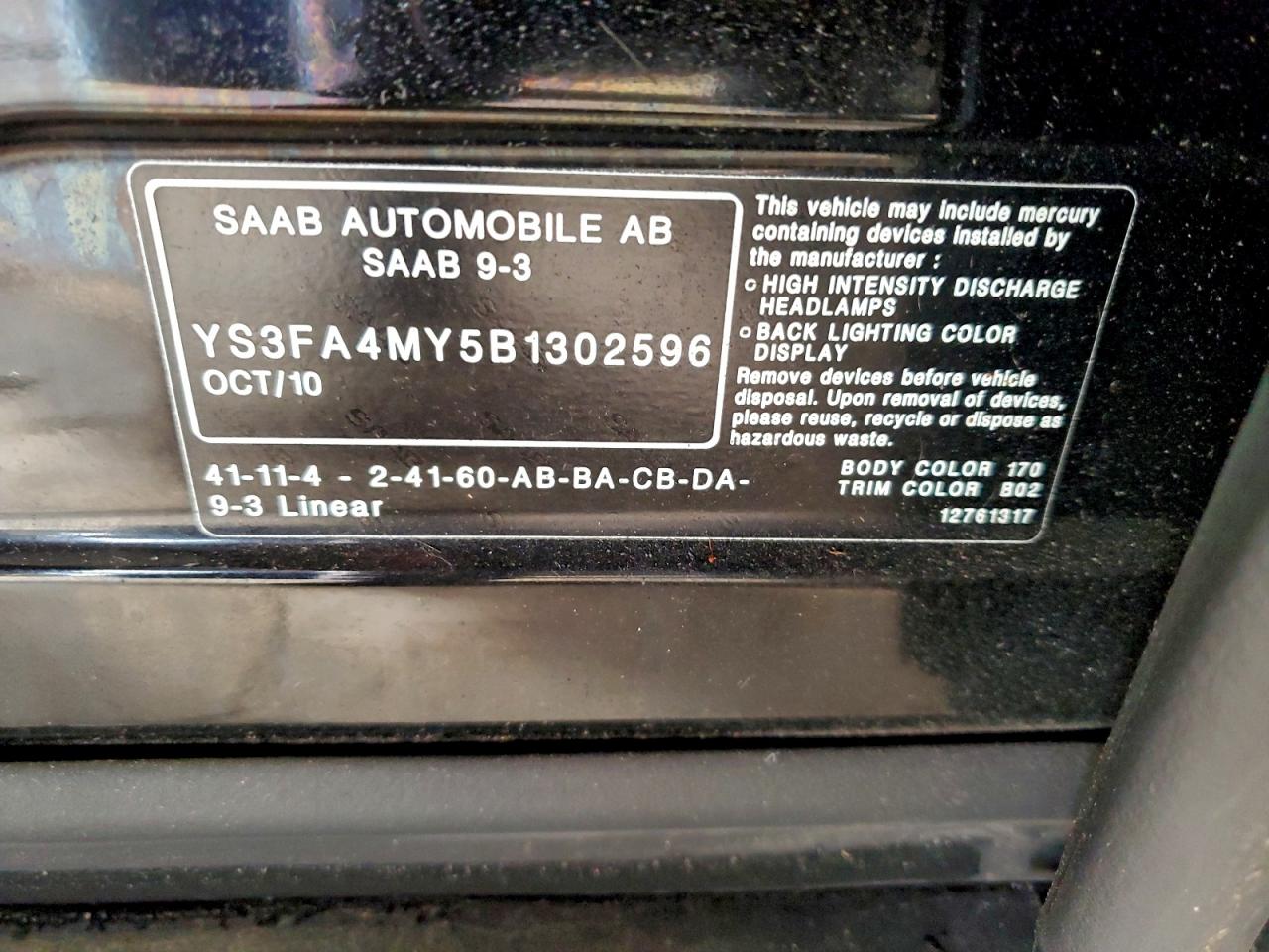 2011 Saab 9-3 2.0T VIN: YS3FA4MY5B1302596 Lot: 94282025