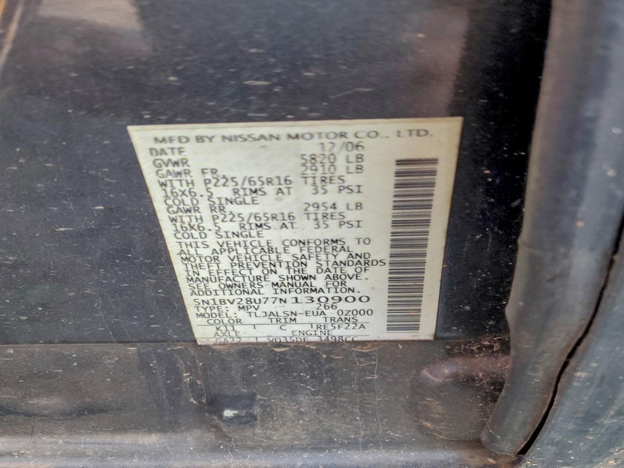 2007 Nissan Quest S VIN: 5N1BV28U77N130900 Lot: 96015215