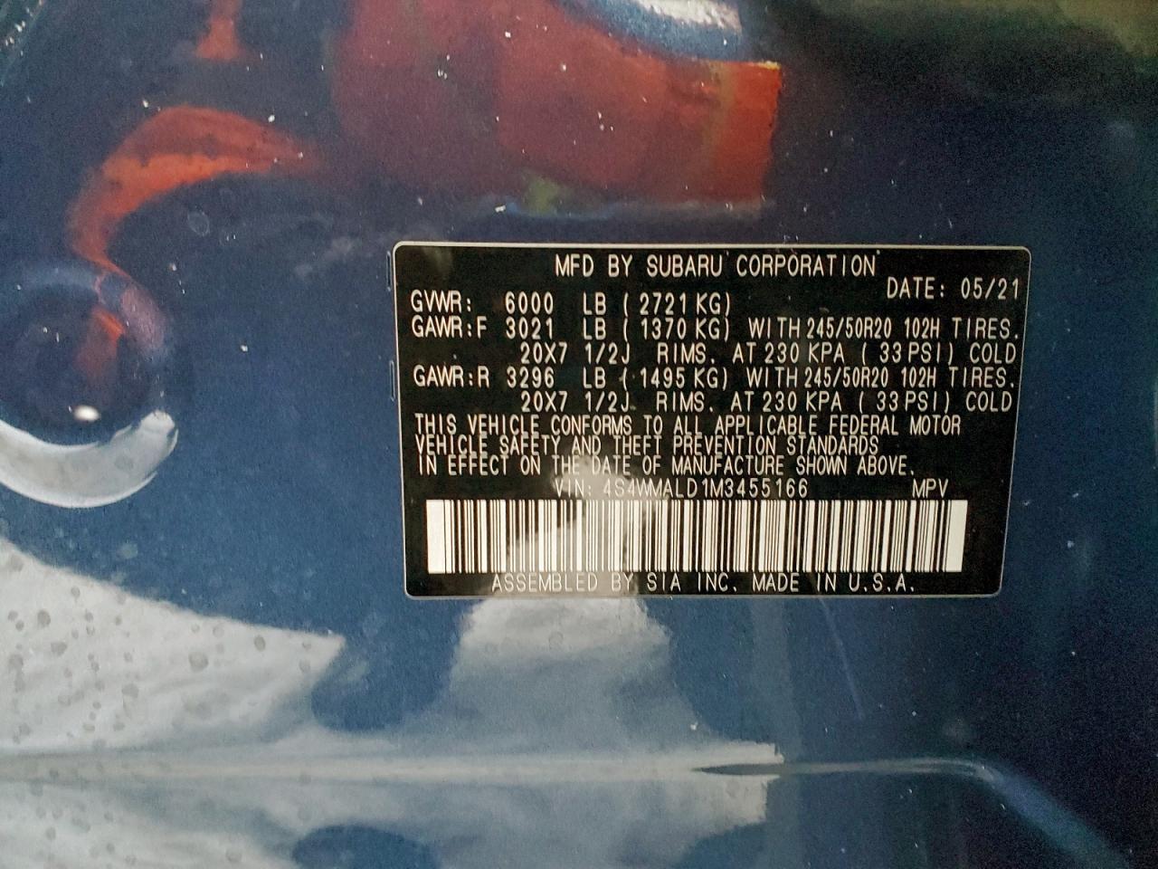 2021 Subaru Ascent Limited VIN: 4S4WMALD1M3455166 Lot: 96606525