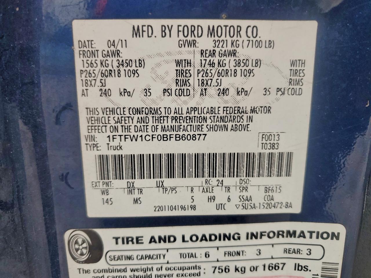 2011 Ford F150 Supercrew VIN: 1FTFW1CF0BFB60877 Lot: 97747605