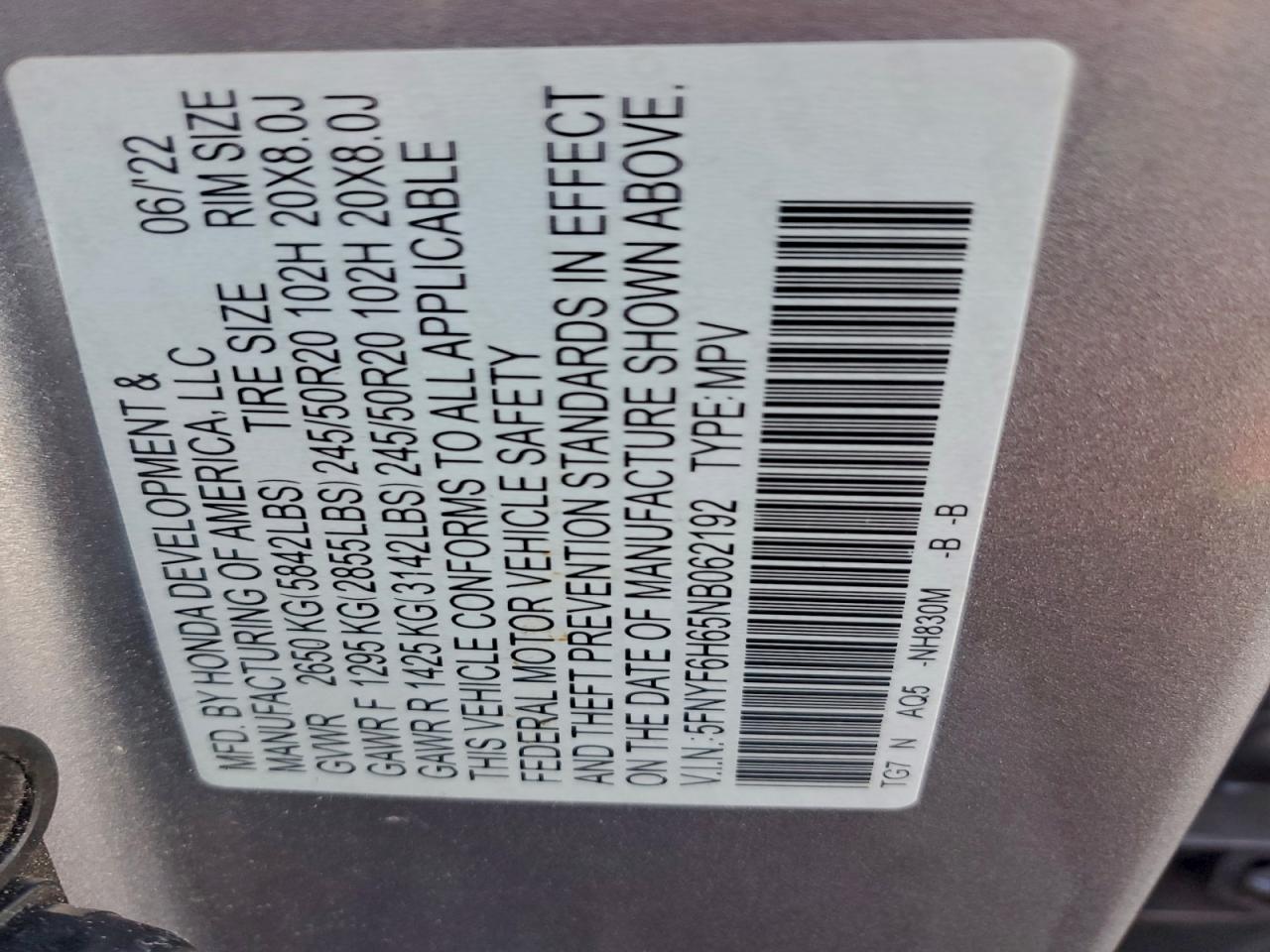 2022 Honda Pilot Touring VIN: 5FNYF6H65NB062192 Lot: 94988515