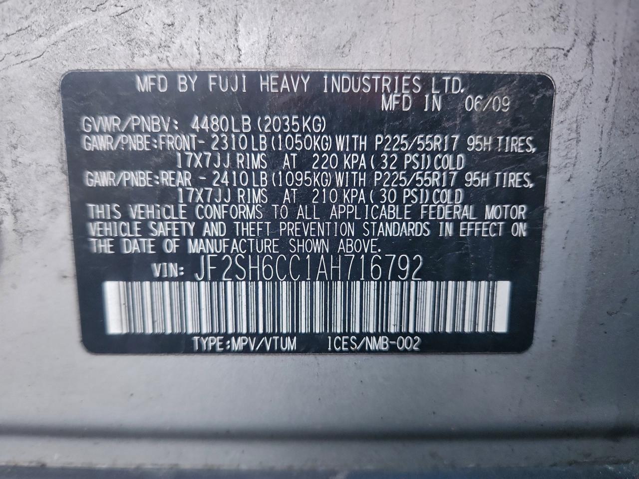 2010 Subaru Forester 2.5X Premium VIN: JF2SH6CC1AH716792 Lot: 94142325