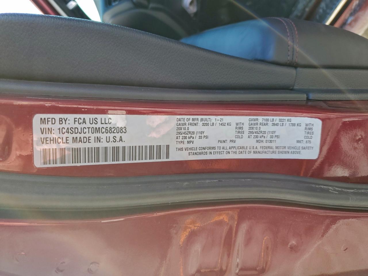 2021 Dodge Durango R/T VIN: 1C4SDJCT0MC682083 Lot: 95481055