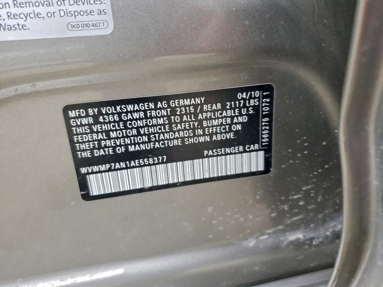 2010 Volkswagen Cc Sport VIN: WVWMP7AN1AE558377 Lot: 95540455