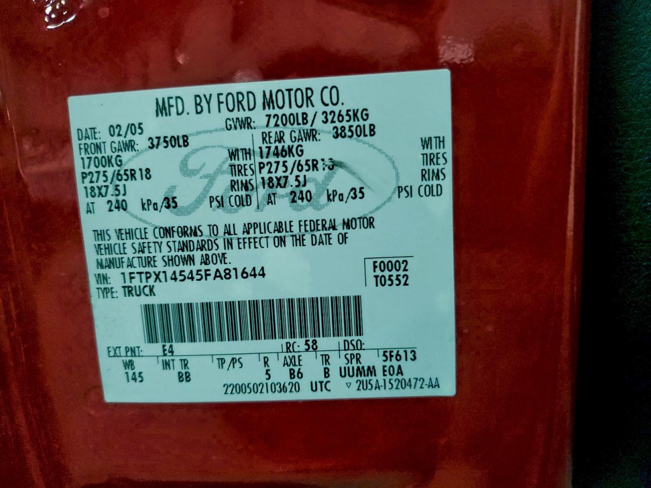 2005 Ford F150 VIN: 1FTPX14545FA81644 Lot: 96230805