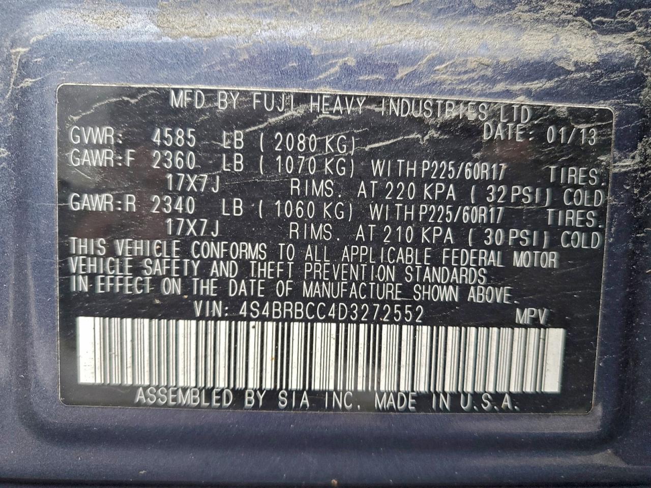 2013 Subaru Outback 2.5I Premium VIN: 4S4BRBCC4D3272552 Lot: 95450505