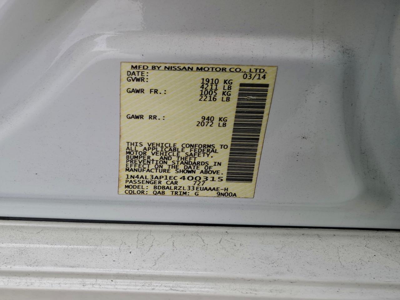 2014 Nissan Altima 2.5 VIN: 1N4AL3AP1EC400315 Lot: 94522755