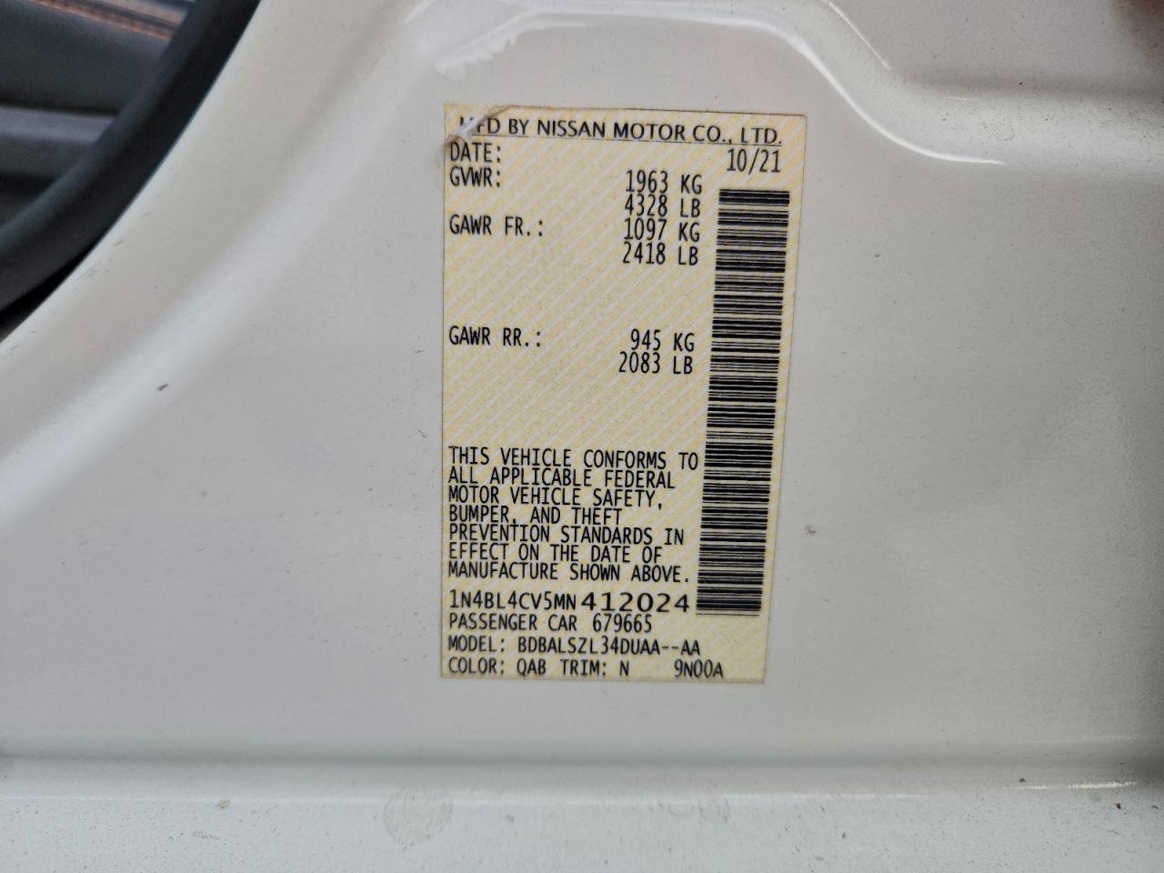 2021 Nissan Altima Sr VIN: 1N4BL4CV5MN412024 Lot: 95113095