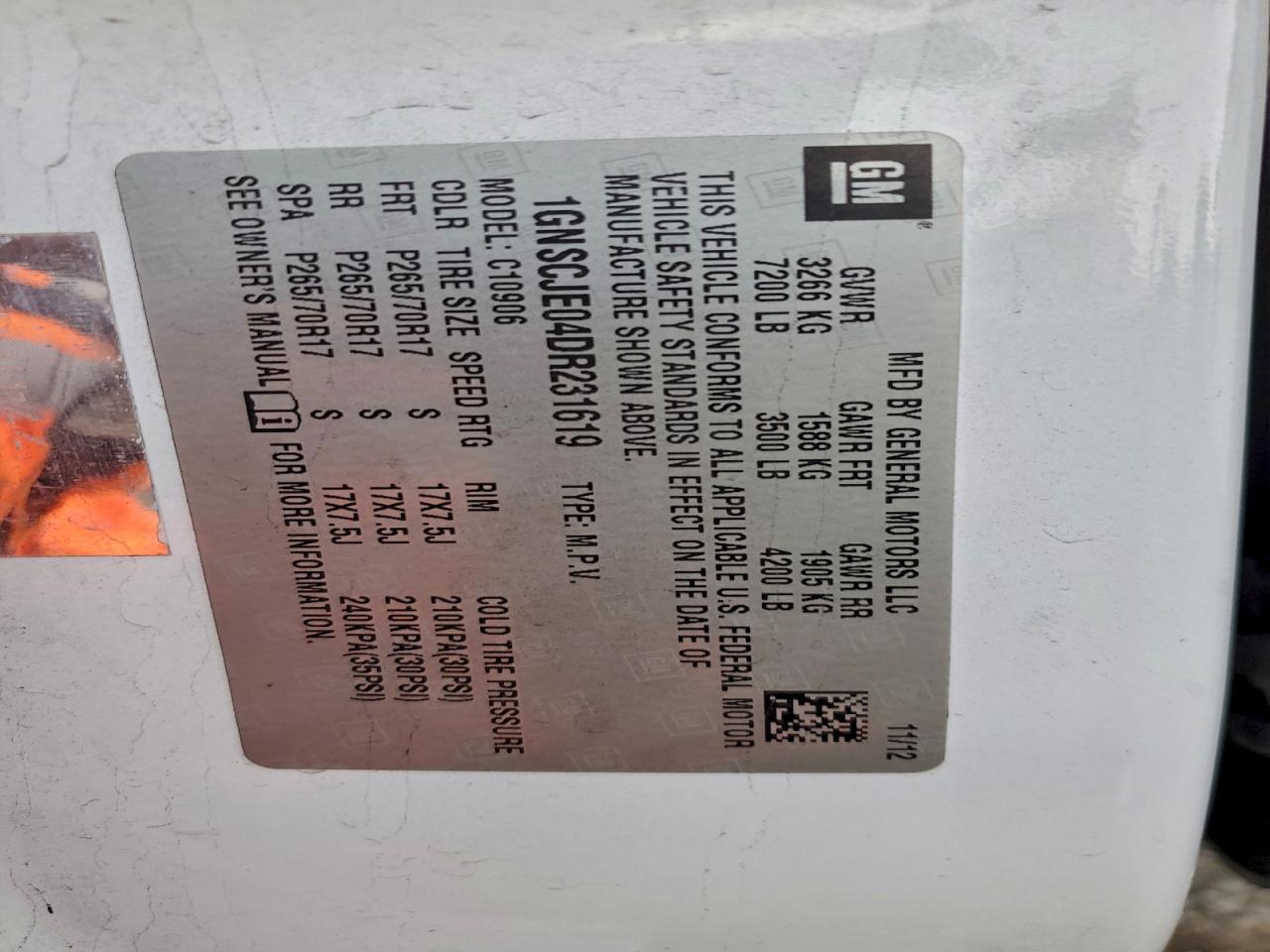 2013 Chevrolet Suburban C1500 Lt VIN: 1GNSCJE04DR231619 Lot: 94945565