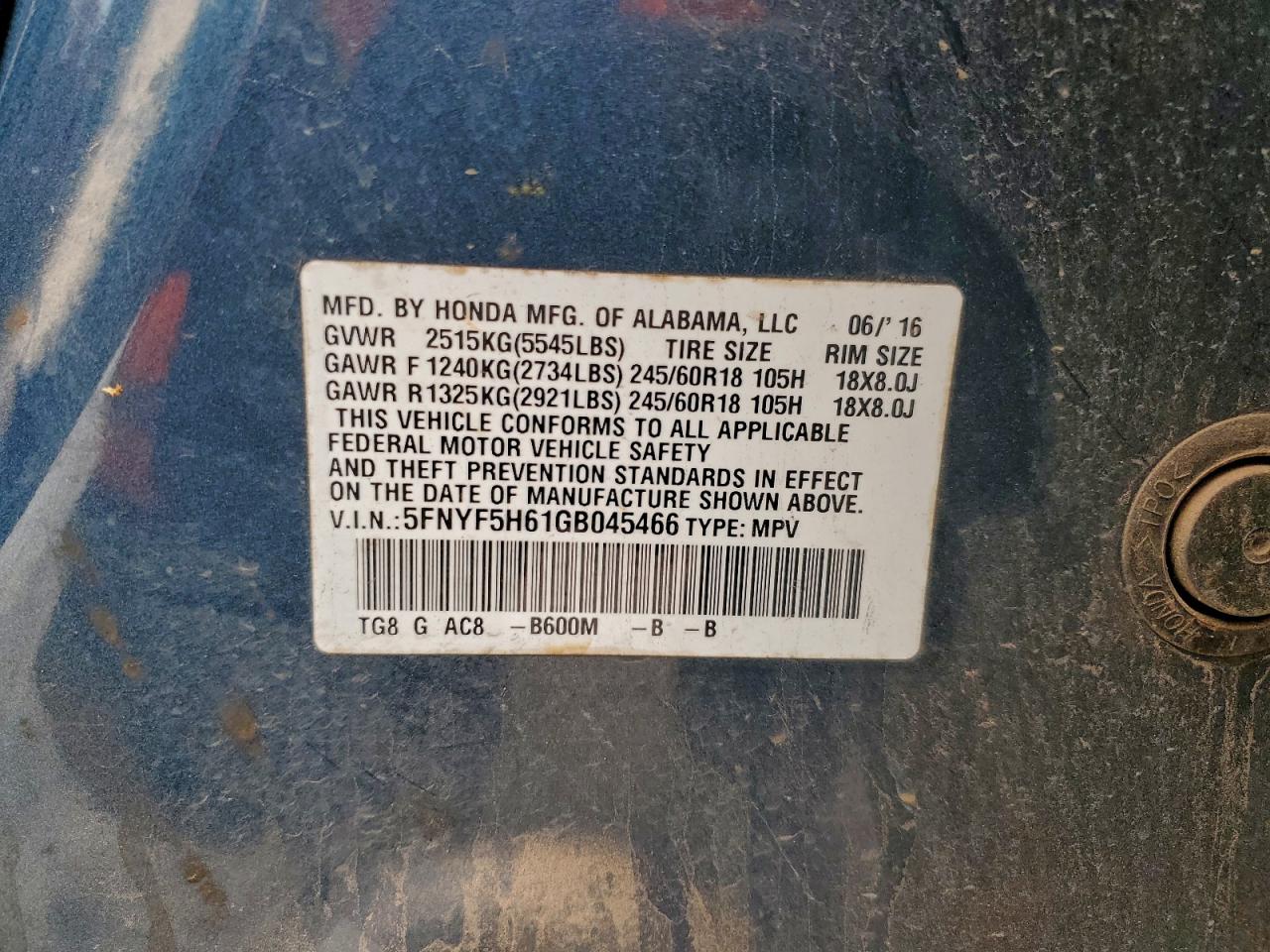 2016 Honda Pilot Exl VIN: 5FNYF5H61GB045466 Lot: 95250285