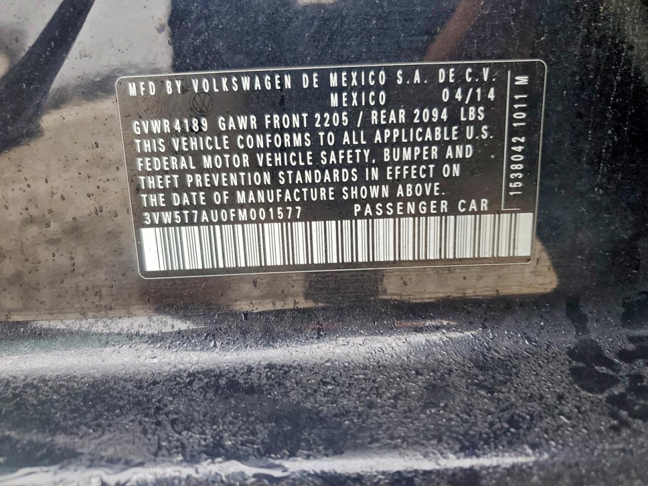 2015 Volkswagen Gti VIN: 3VW5T7AU0FM001577 Lot: 96123695