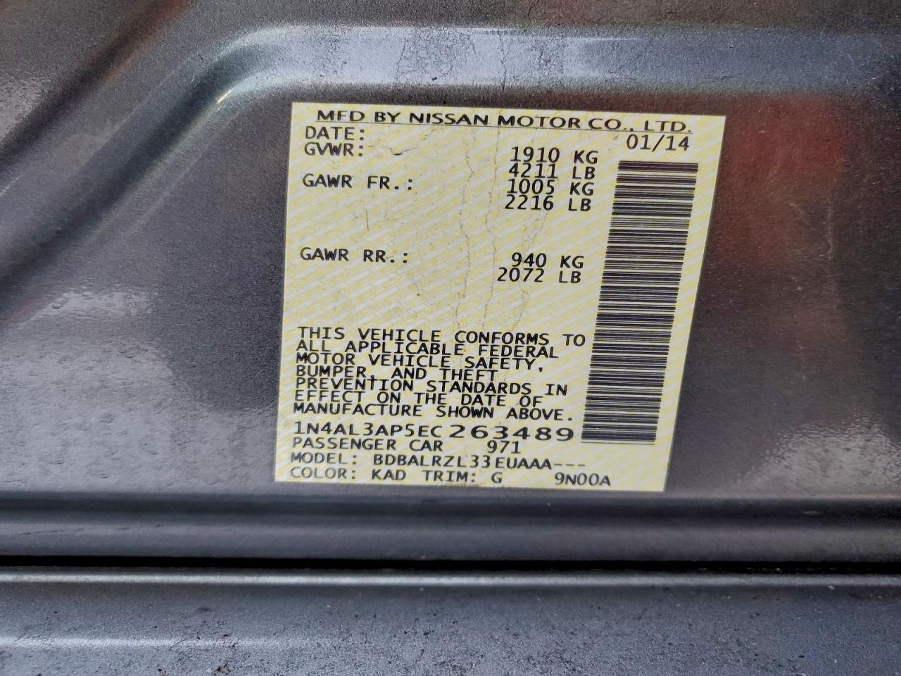 2014 Nissan Altima 2.5 VIN: 1N4AL3AP5EC263489 Lot: 95193605