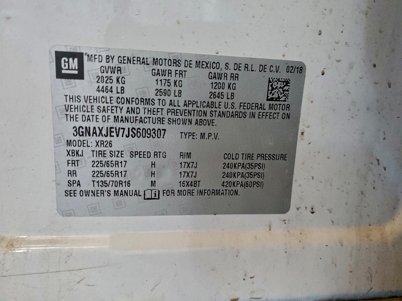 2018 Chevrolet Equinox Lt VIN: 3GNAXJEV7JS609307 Lot: 94563845