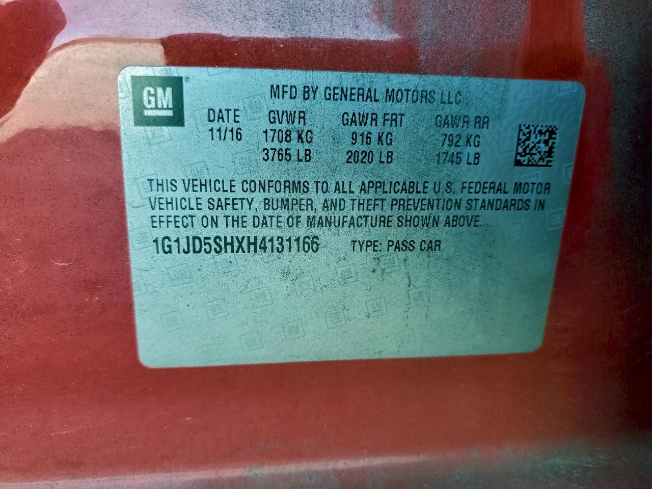 2017 Chevrolet Sonic Lt VIN: 1G1JD5SHXH4131166 Lot: 96514215