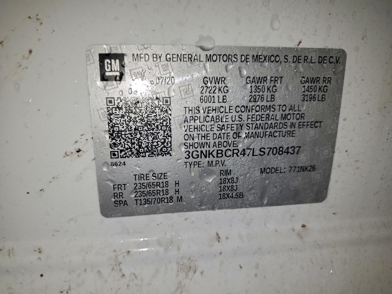 2020 Chevrolet Blazer 2Lt VIN: 3GNKBCR47LS708437 Lot: 94266355