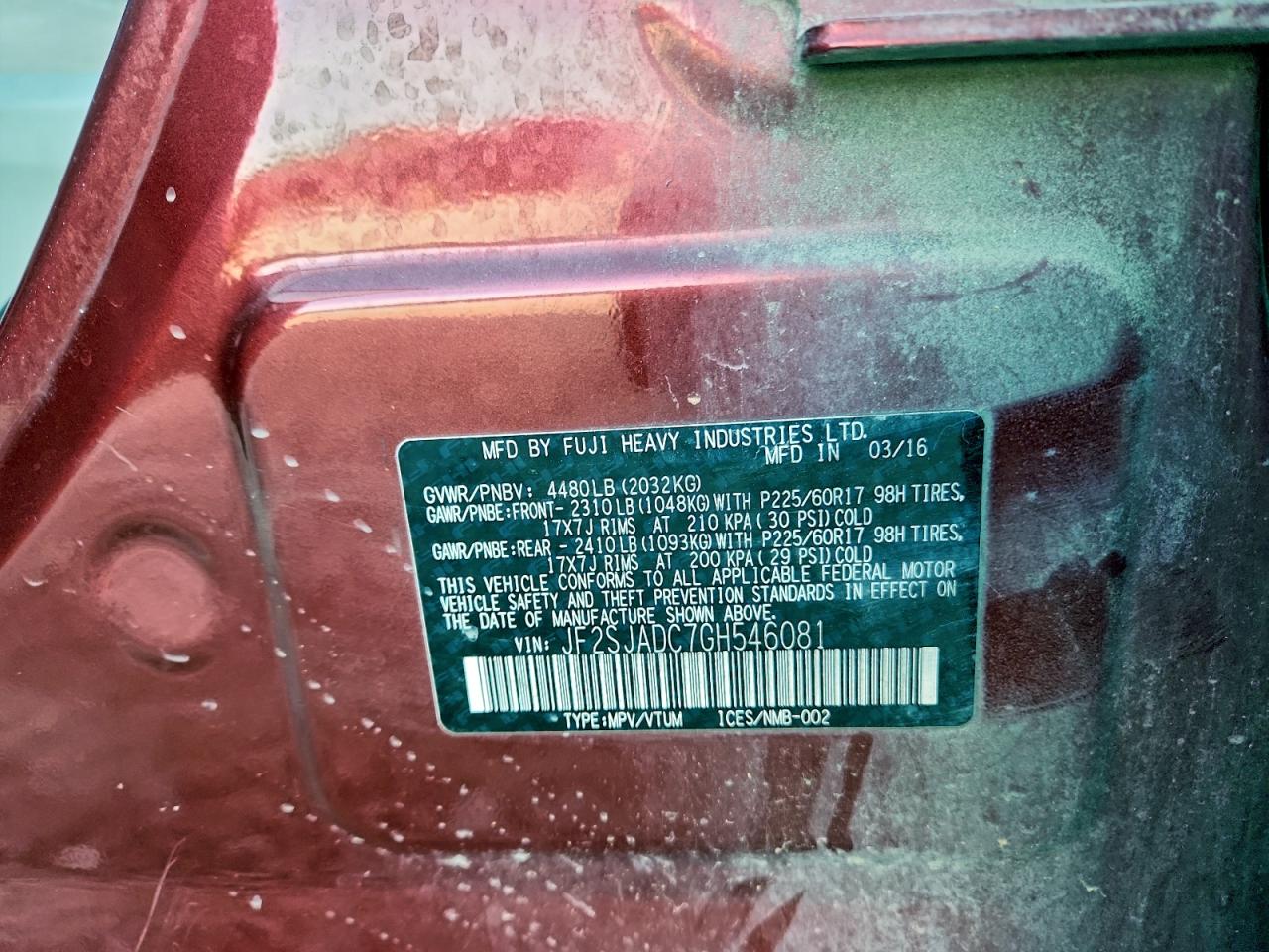 2016 Subaru Forester 2.5I Premium VIN: JF2SJADC7GH546081 Lot: 96779675