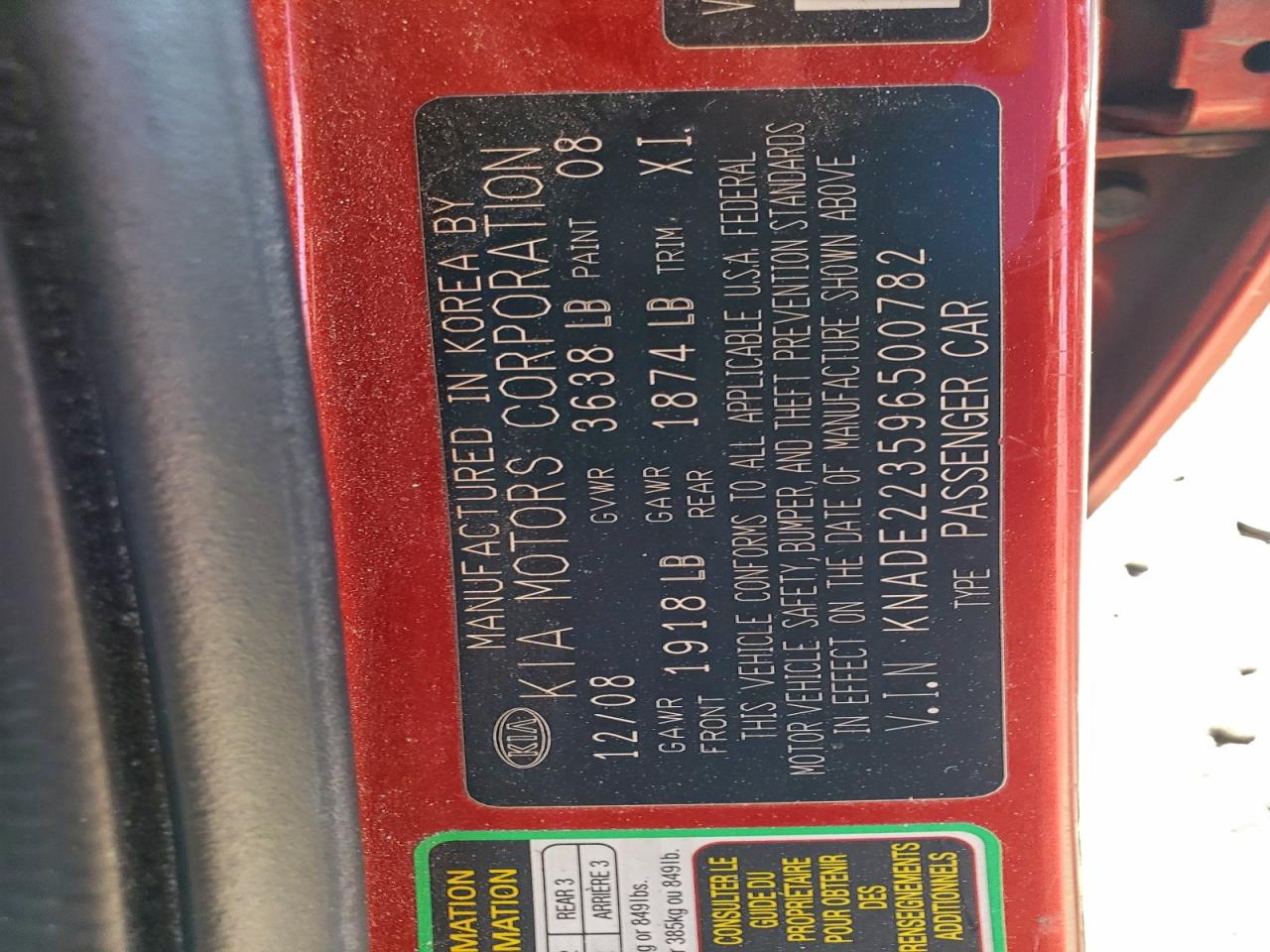 2009 Kia Rio Base VIN: KNADE223596500782 Lot: 94645225