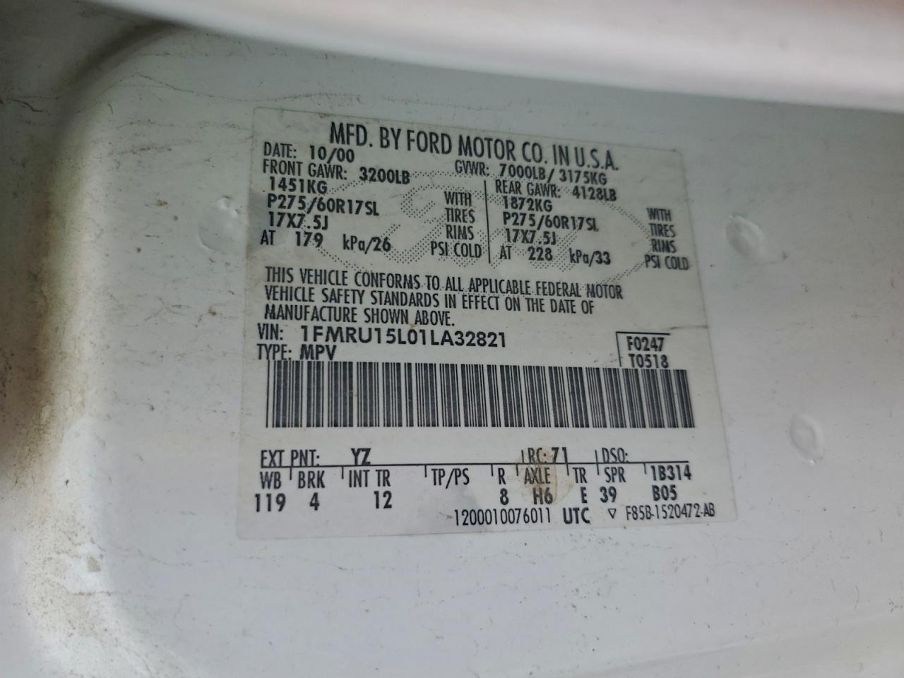 2001 Ford Expedition Xlt VIN: 1FMRU15L01LA32821 Lot: 97064385