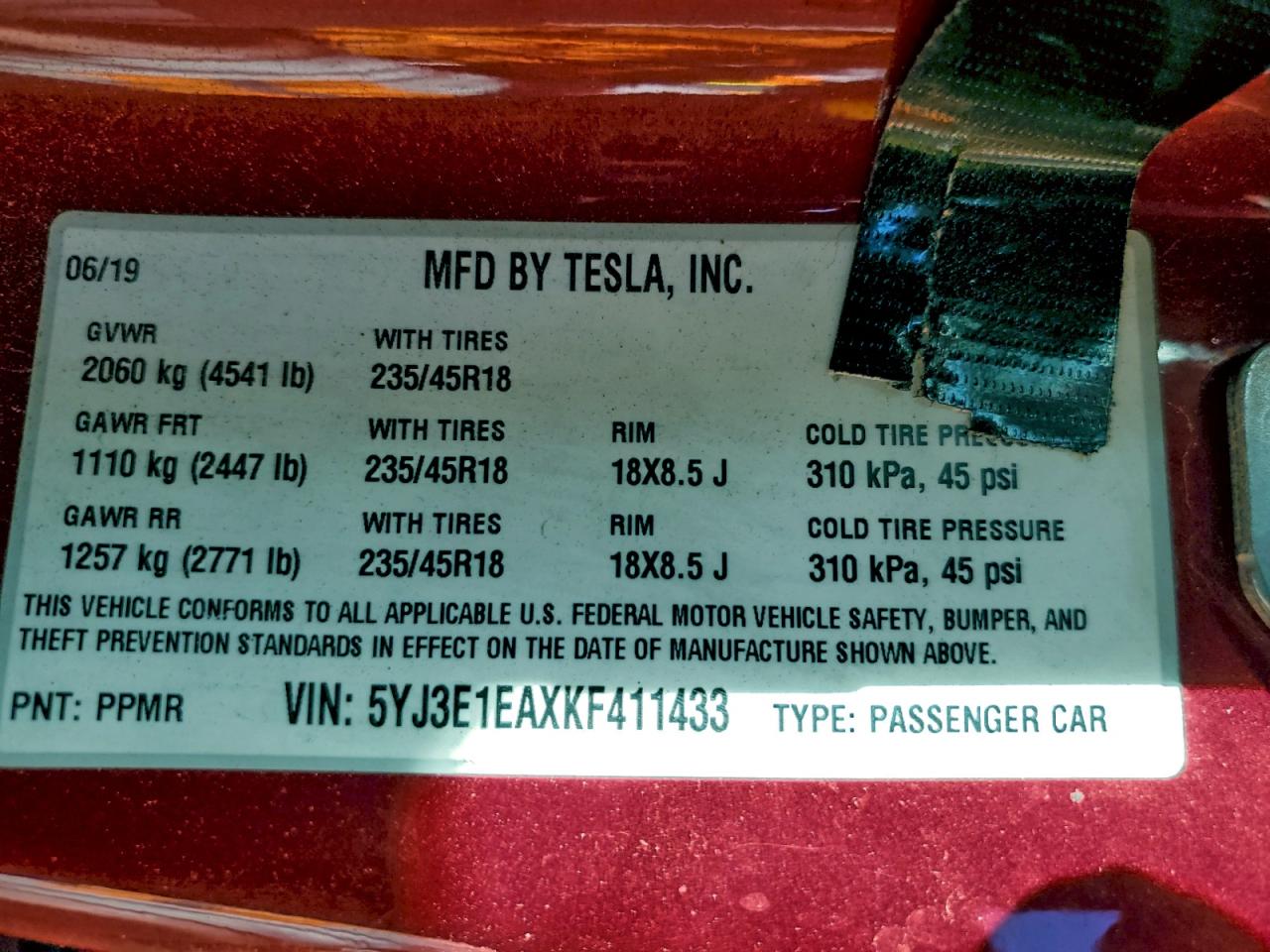 2019 Tesla Model 3 VIN: 5YJ3E1EAXKF411433 Lot: 95094795