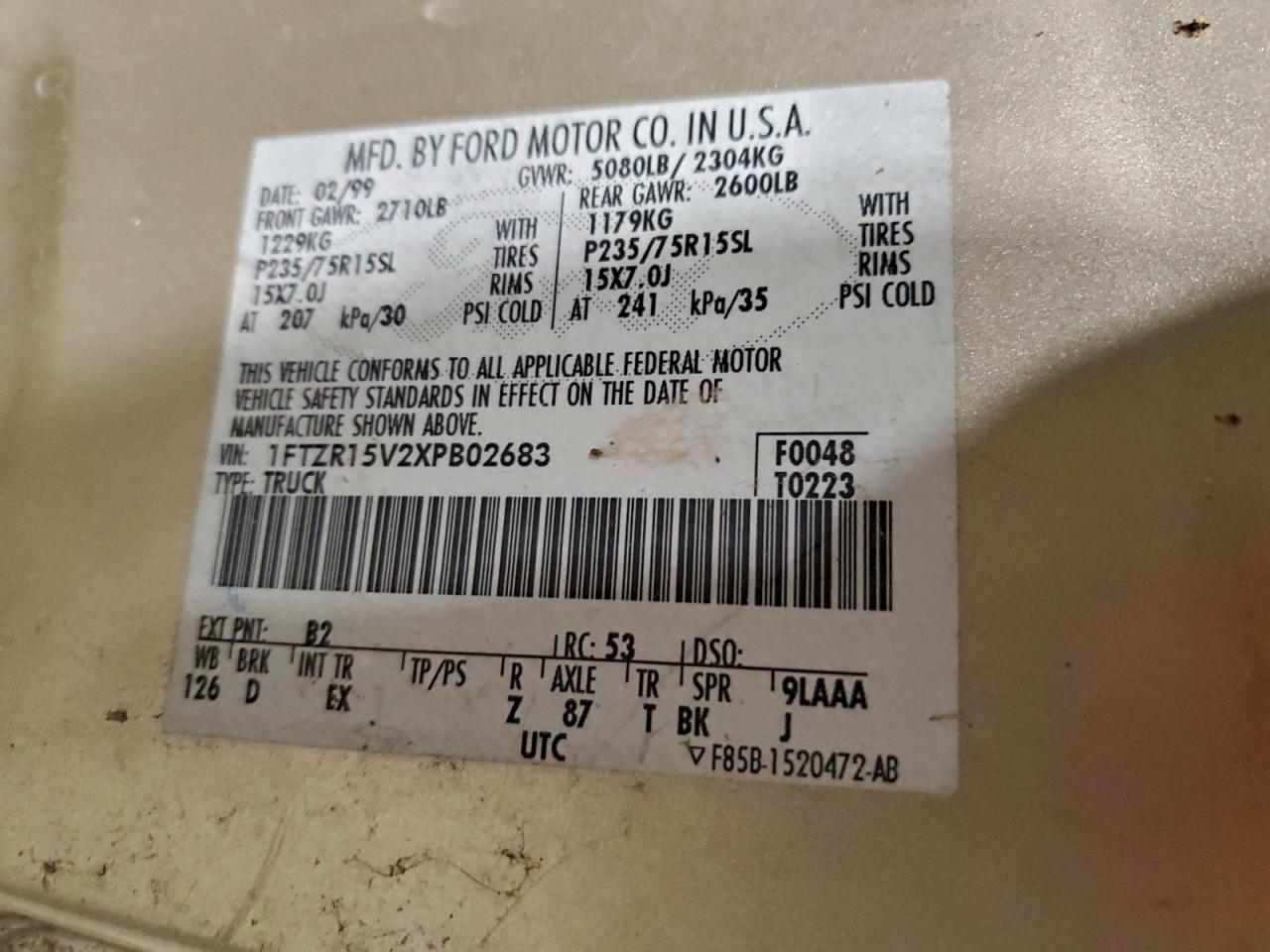 1999 Ford Ranger Super Cab VIN: 1FTZR15V2XPB02683 Lot: 95176485
