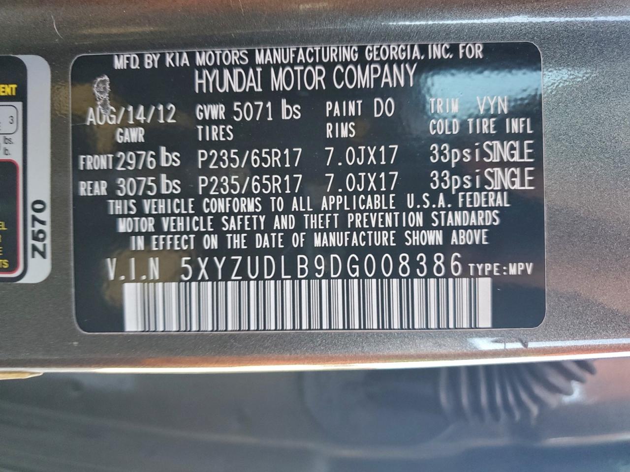 2013 Hyundai Santa Fe Sport VIN: 5XYZUDLB9DG008386 Lot: 95143575