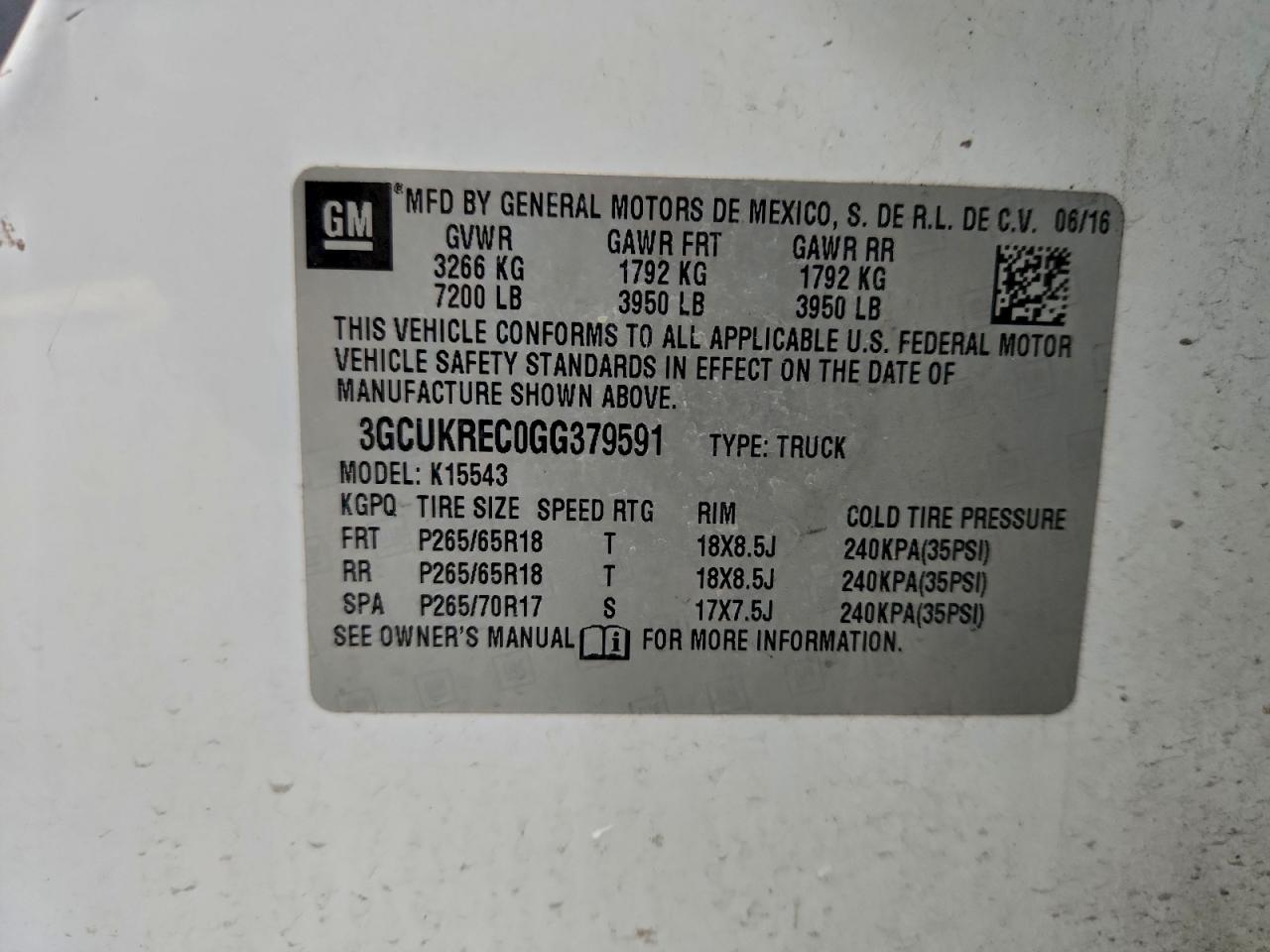 2016 Chevrolet Silverado K1500 Lt VIN: 3GCUKREC0GG379591 Lot: 94630335