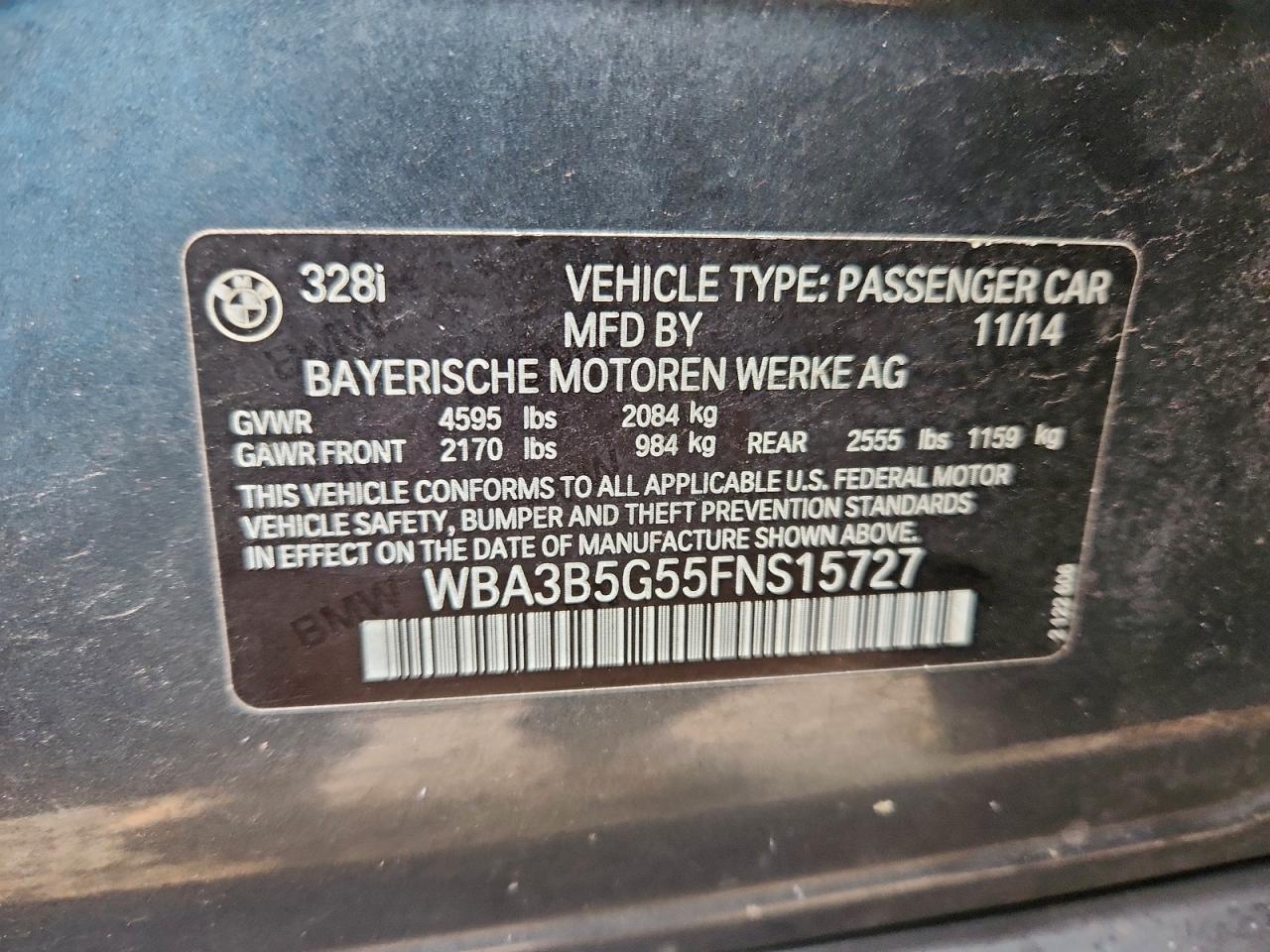 2015 BMW 328 Xi Sulev VIN: WBA3B5G55FNS15727 Lot: 95393305