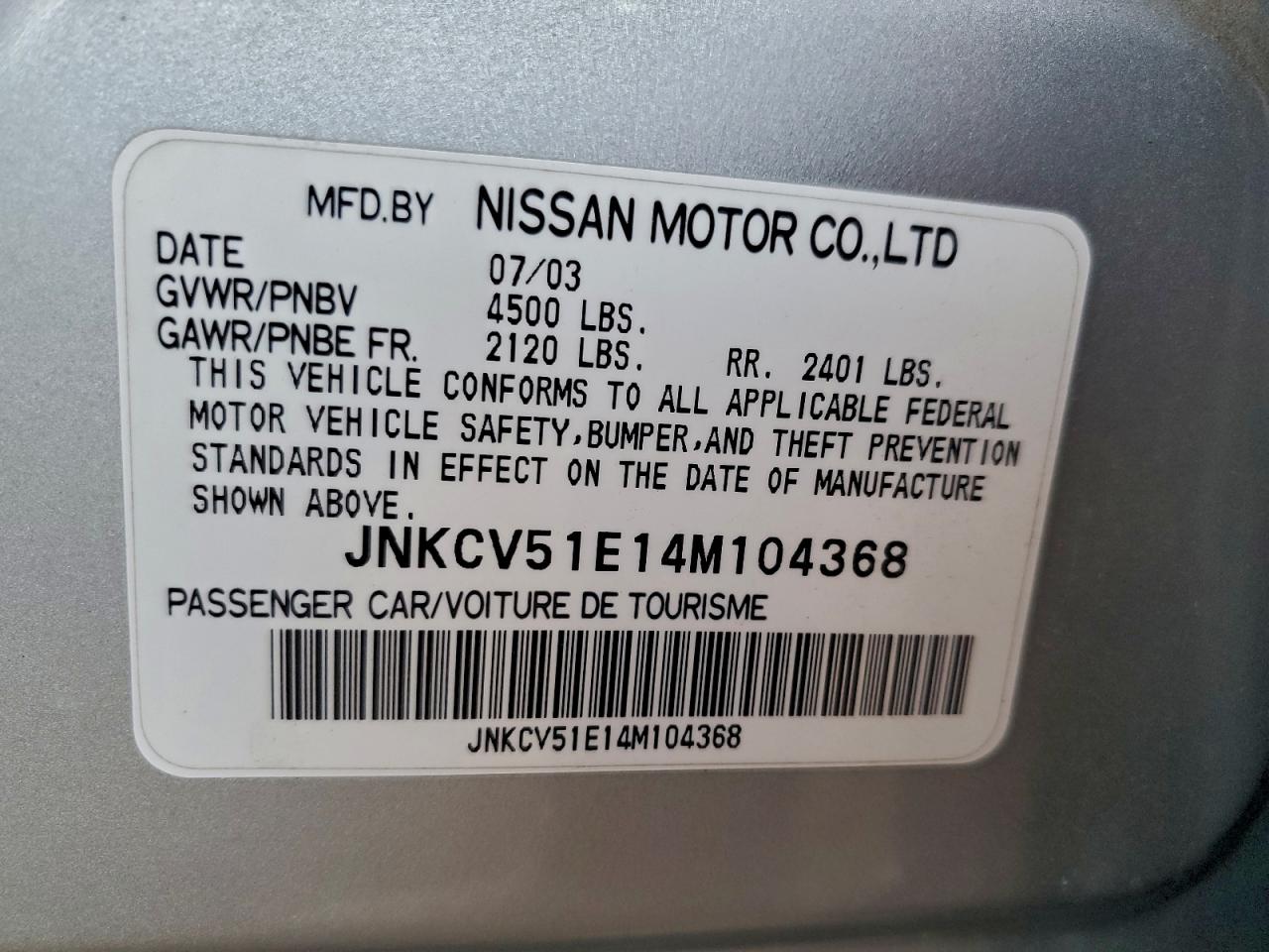 2004 Infiniti G35 VIN: JNKCV51E14M104368 Lot: 96125815