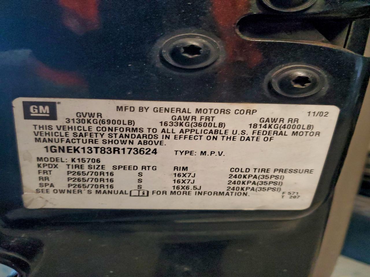 2003 Chevrolet Tahoe K1500 VIN: 1GNEK13T83R173624 Lot: 95948325