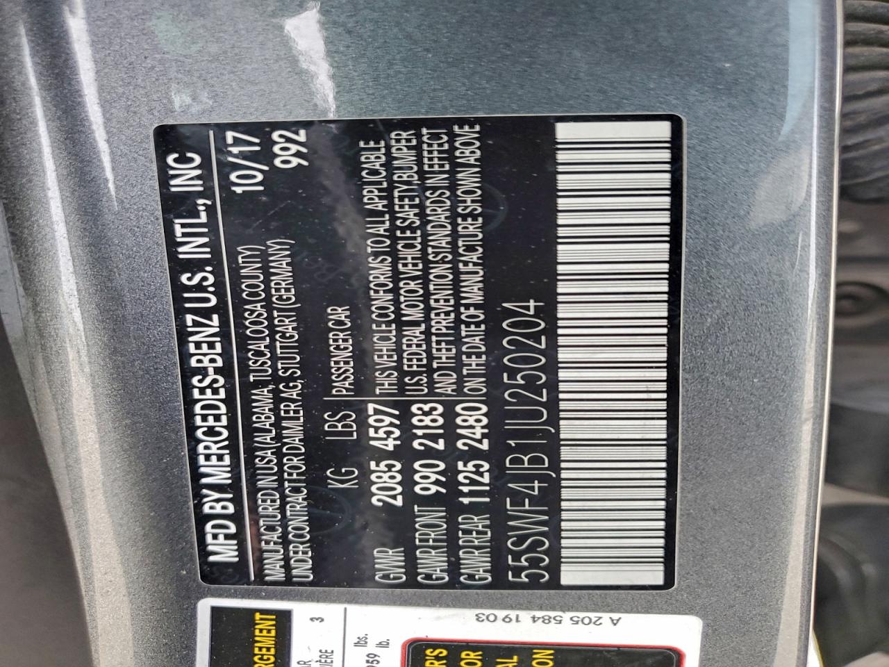 2018 Mercedes-Benz C 300 VIN: 55SWF4JB1JU250204 Lot: 95723175