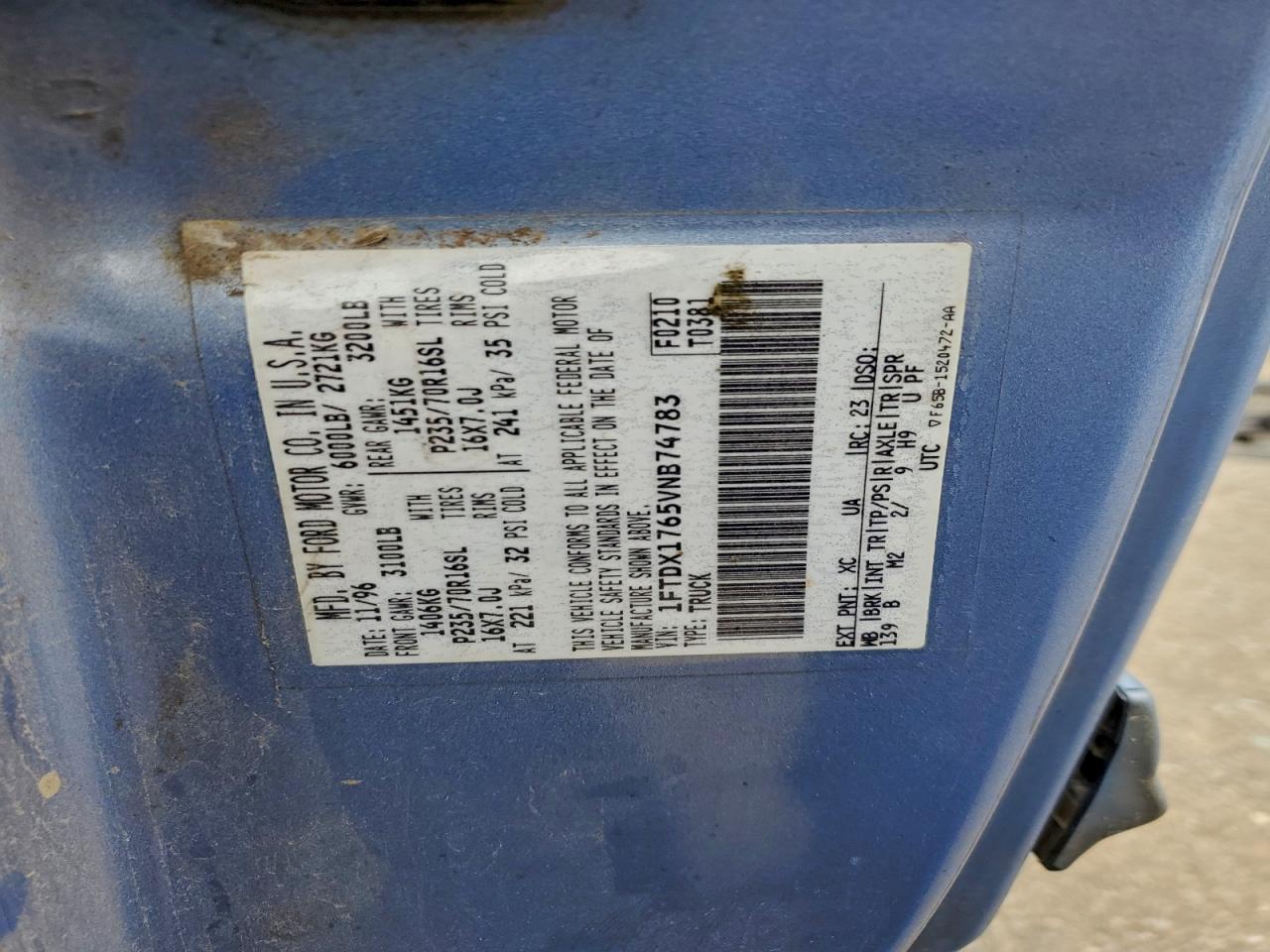 1997 Ford F150 VIN: 1FTDX1765VNB74783 Lot: 95129305