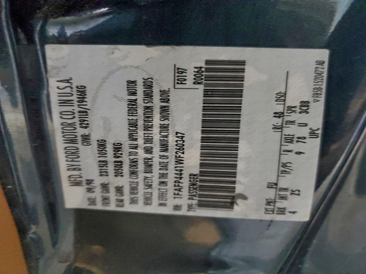 1998 Ford Mustang VIN: 1FAFP4441WF260347 Lot: 96032735