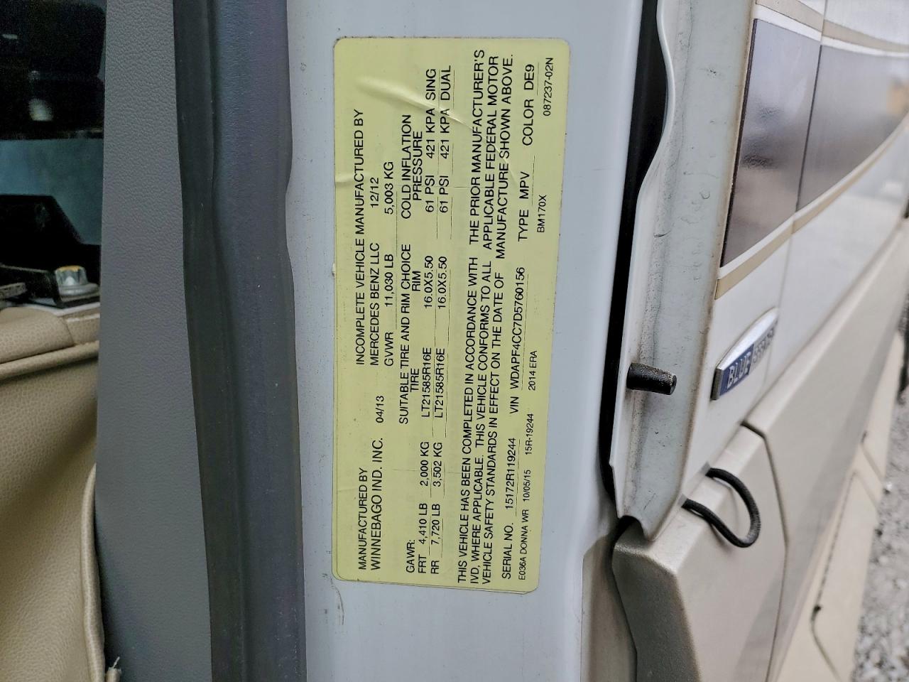 2013 Mercedes-Benz Sprinter 3500 VIN: WDAPF4CC7D5760156 Lot: 96377775