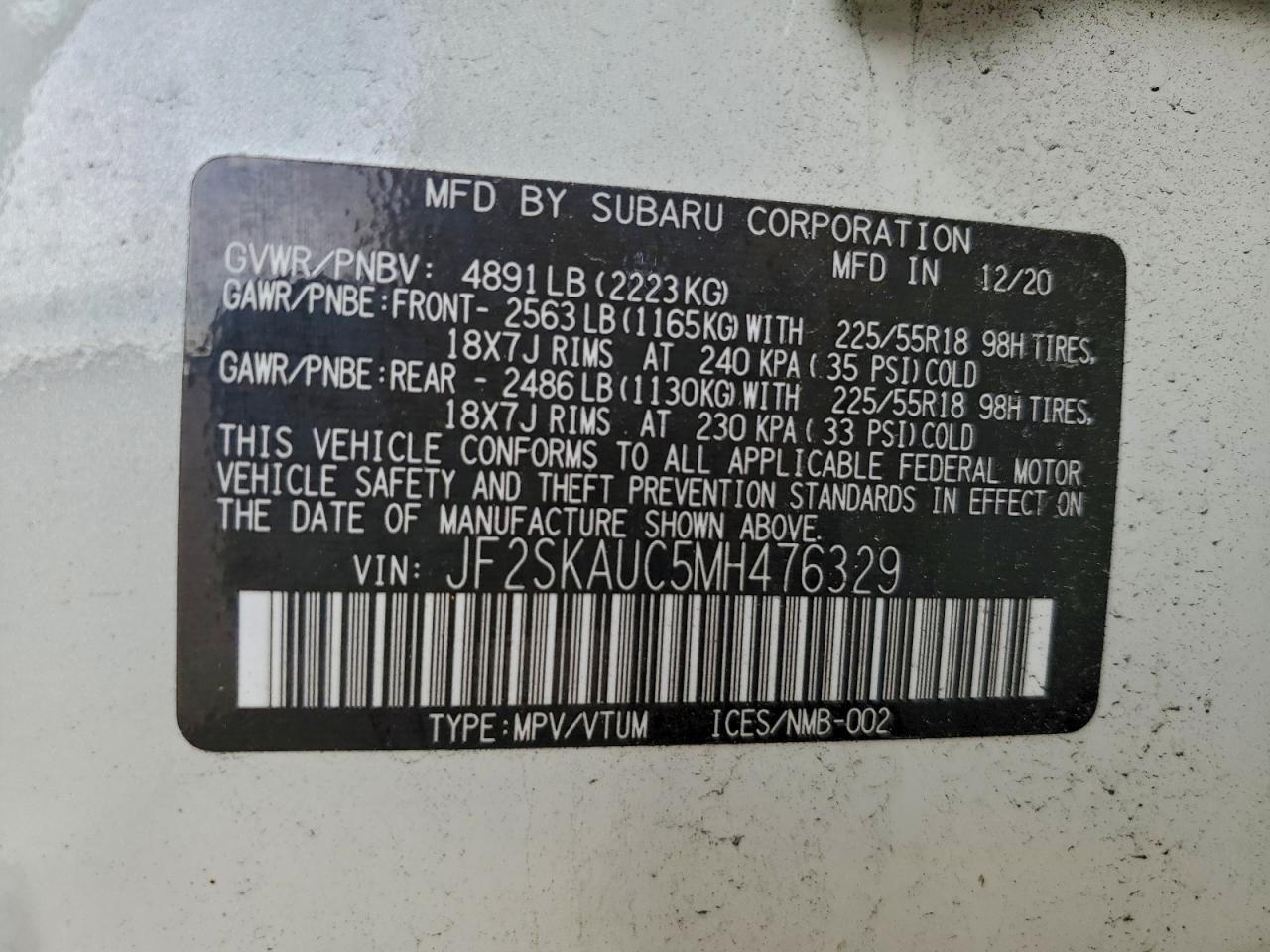 2021 Subaru Forester Limited VIN: JF2SKAUC5MH476329 Lot: 94968045