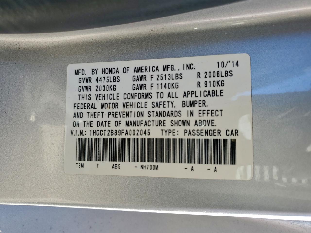 2015 Honda Accord Exl VIN: 1HGCT2B89FA002045 Lot: 96349755