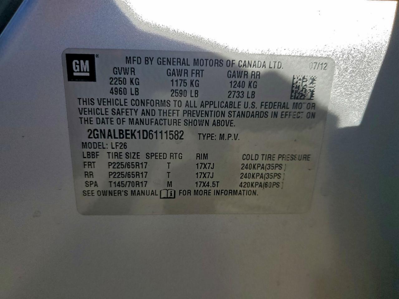 2013 Chevrolet Equinox Ls VIN: 2GNALBEK1D6111582 Lot: 94000585