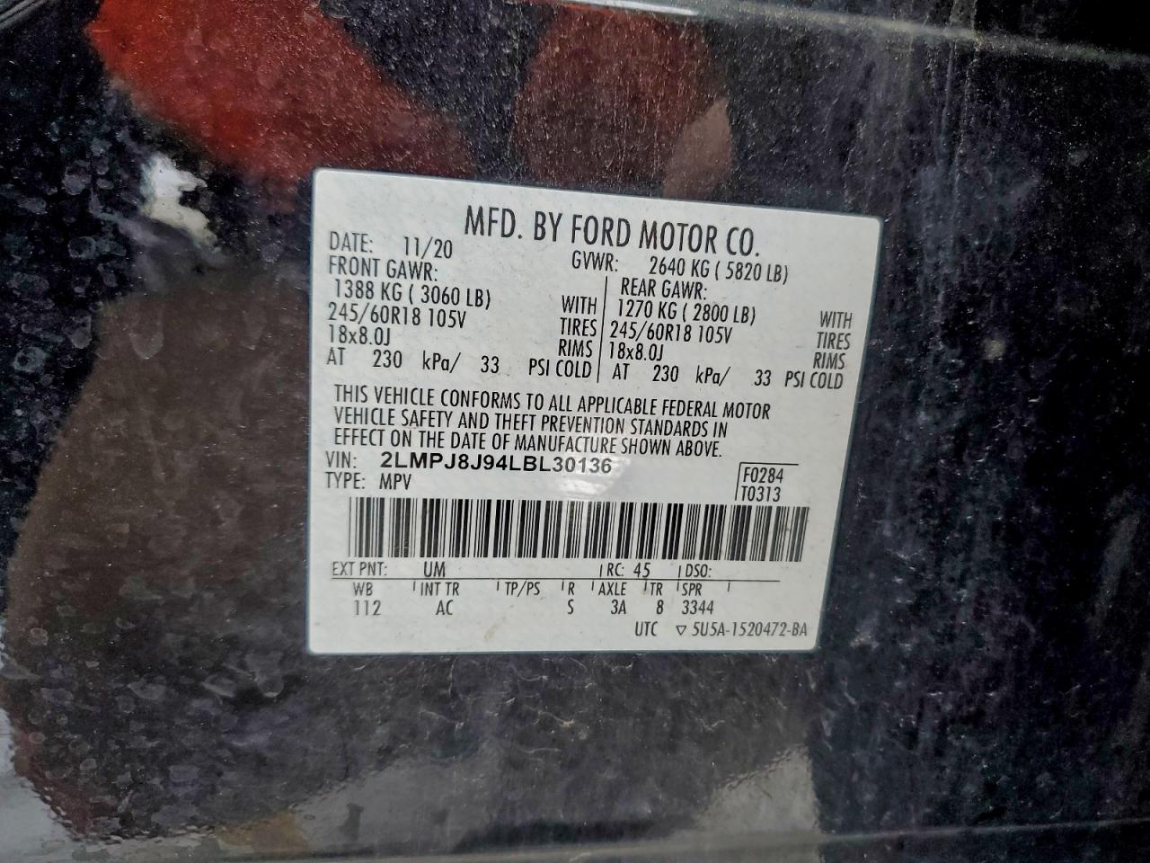 2020 Lincoln Nautilus VIN: 2LMPJ8J94LBL30136 Lot: 94765695